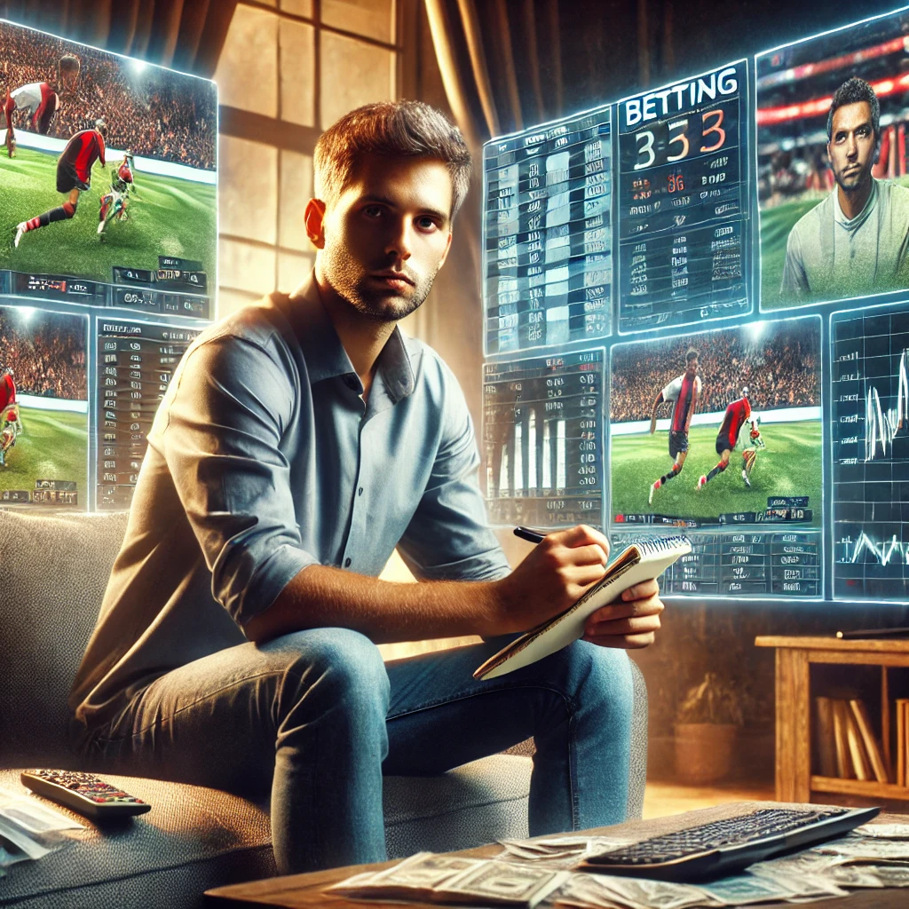 Sports betting enthusiast analyzing odds on multiple screens.