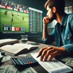 Gambler analyzing betting slip and sports results on screen