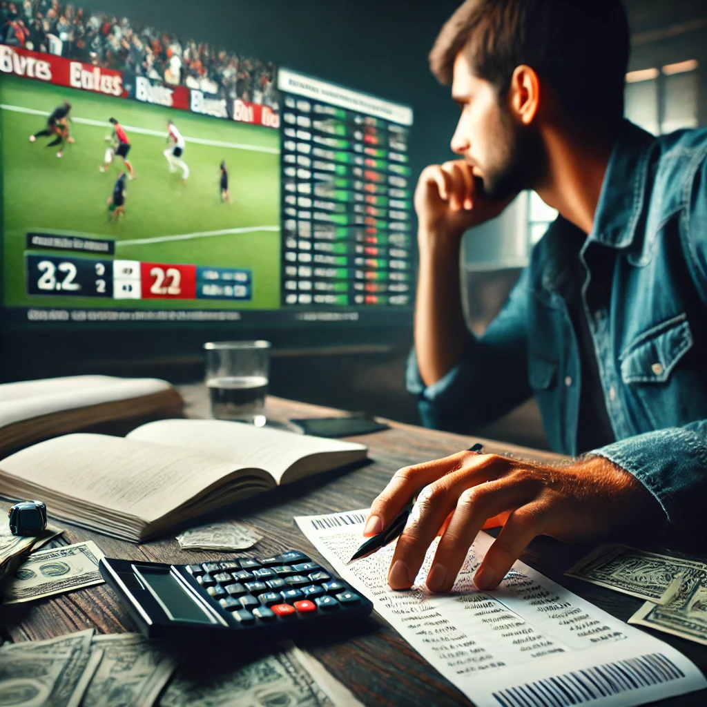 Gambler analyzing betting slip and sports results on screen