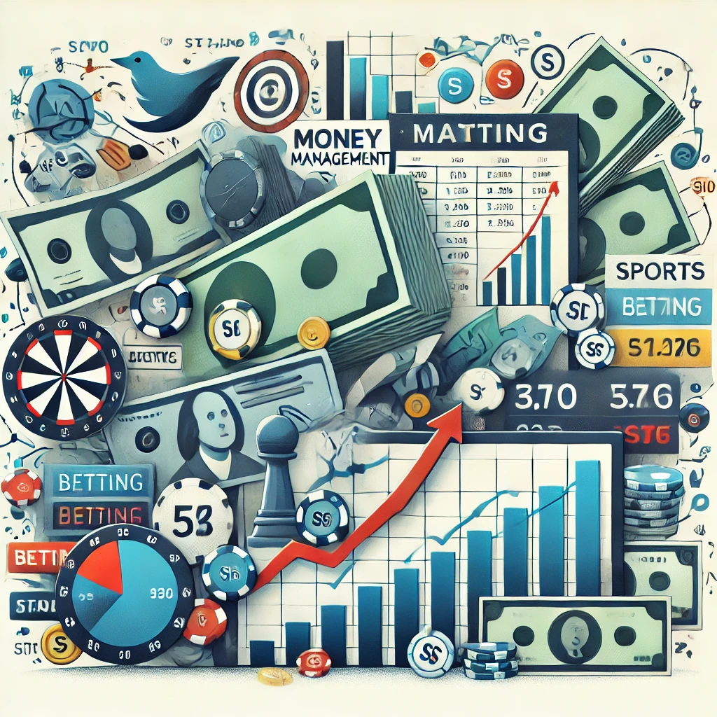 Illustration depicting betting and money management concepts, including dollar bills, betting slips, and financial growth graphs.